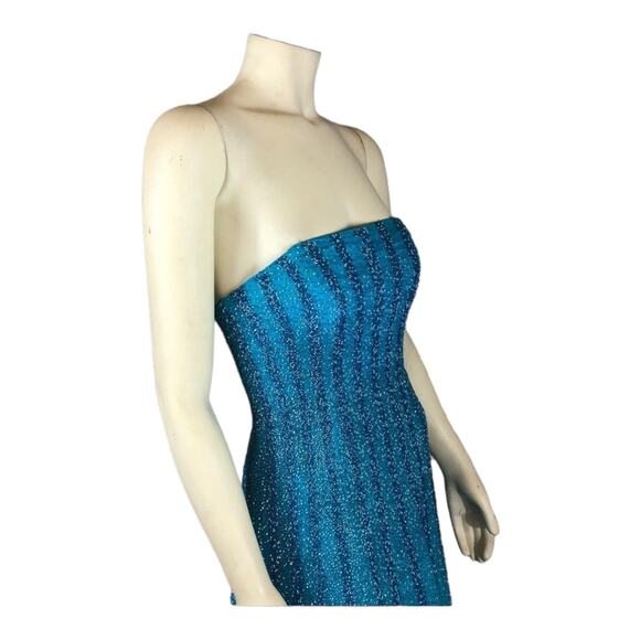 Vintage Alyce Designs 80s Strapless Beaded Blue Prom Evening Gown scarf size 8 - Picture 6 of 13